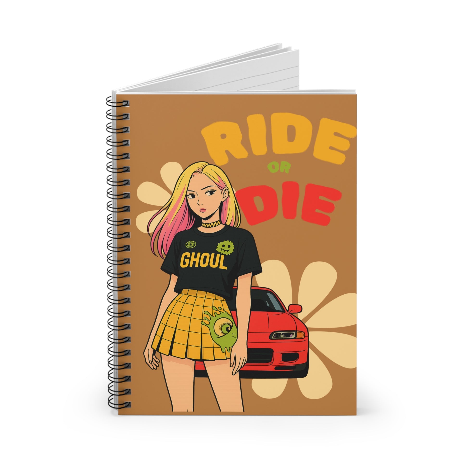 Ride or Die Notebook — Retro Girl & Sports Car Spiral Journal